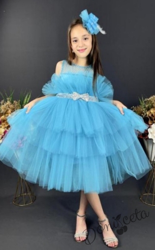 Официална детска рокля с богат тюл в светлосиньо и панделка за коса