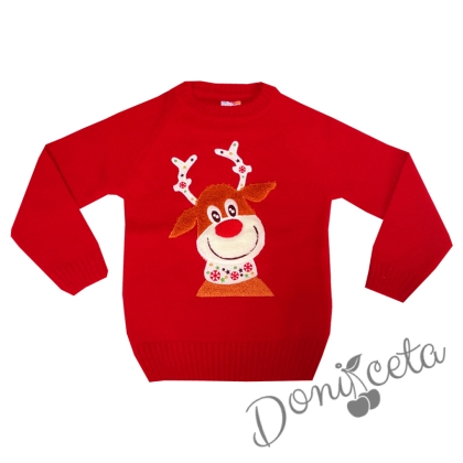 Детски коледен пуловер в червено с еленче 582246
