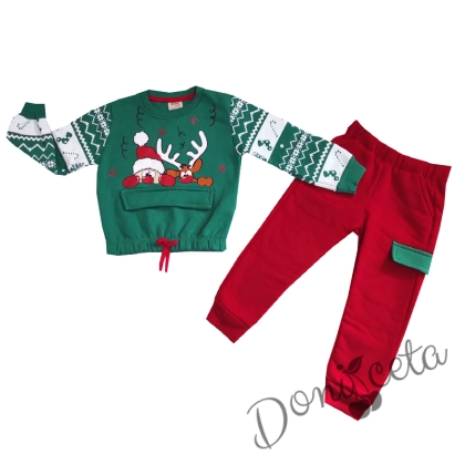 Коледен ватиран комплект от блуза  в зелено с Дядо Коледа и еленче и панталон в червено