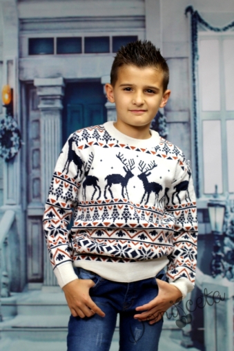 Детски коледен пуловер в екрю с елени