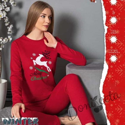 Дамска памучна коледна пижама с елен в червено  1