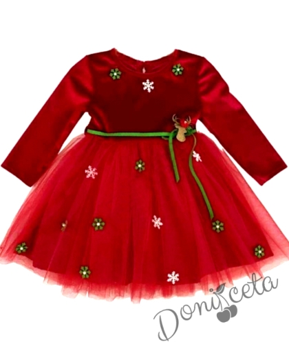Коледна детска рокля  в червено с тюл и снежинки 1