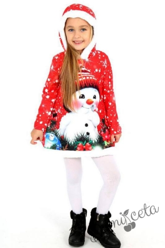 Коледна детска рокля в червено със снежен човек и качулка 2