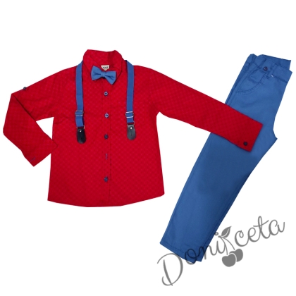 Комплект от панталон в светлосиньо,риза в червено, папийонка и тиранти 8565547