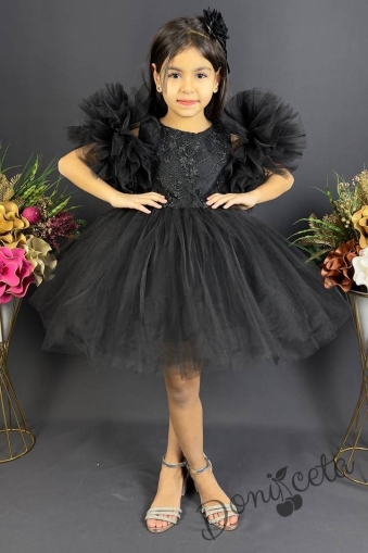 Официална детска рокля с богат тюл в черно с дантела  1