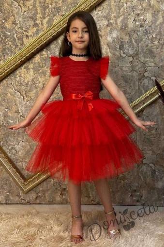 Официална детска рокля с къс ръкав в червено на пластове Хера 1