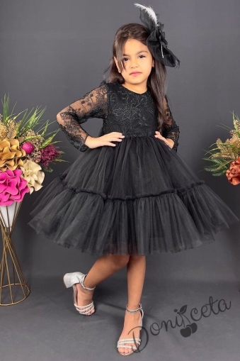 Официална детска рокля с дълъг ръкав  от дантела и тюл в черно с панделка за коса 3