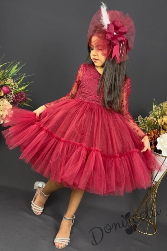 Официална детска рокля с дълъг ръкав  от дантела и тюл в бордо с панделка за коса 1
