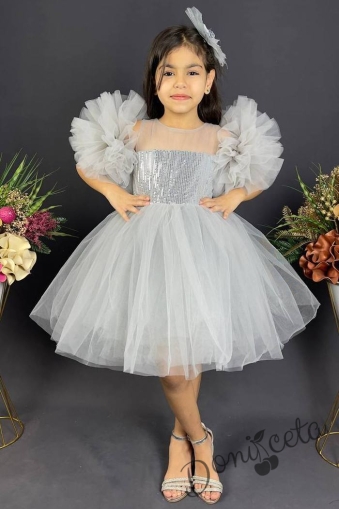 Официална детска рокля Блян с богат тюл в сиво с блясък 1