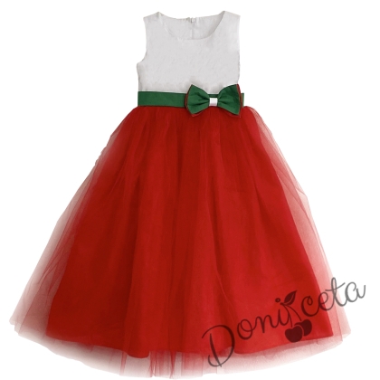 Детска дълга рокля в бяло, зелено и червено с тюл 1