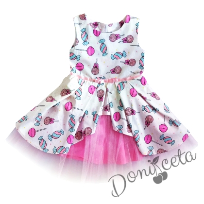 Официална детска рокля Надежда с бонбони и близалки,  с тюл в розово 1
