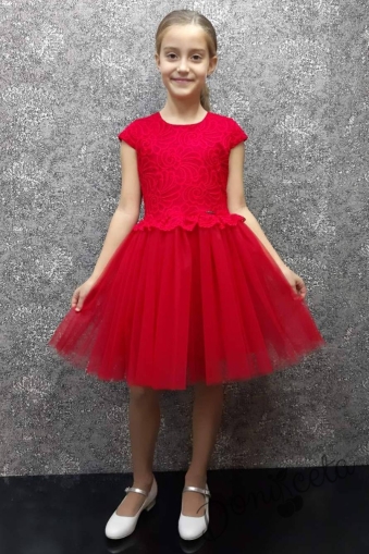 Детска официална рокля с къс ръкав с дантела в лилаво 1