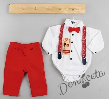 Бебешки комплект от панталон в червено, боди-риза в бяло, тиранти и папийонка 6872896 1