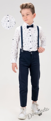 Комплект от панталон в тъмно синьо, риза в бяло с орнаменти, тиранти и папийонка  87641148 1