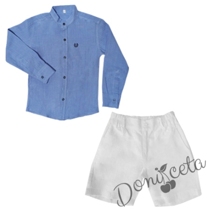 Комплект от риза с къс или дълъг ръкав в светлосиньо и къси панталонки в бяло от лен 1