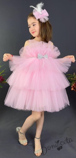 Официална детска рокля без ръкав Фрея - с богат тюл в розово и панделка за коса 1