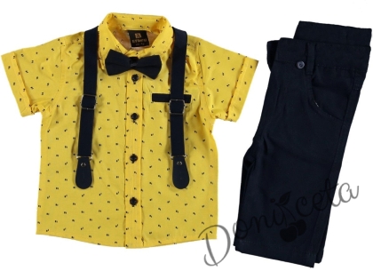 Детски комплект от панталон в тъмносиньо, риза в жълто с орнаменти, тиранти и папийонка в тъмносиньо 35155223 1