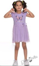 Ежедневна детска рокля с щампа пеперуда и пола от тюл в лилаво 4421487 1