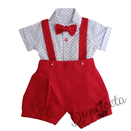 Бебешки комплект от боди-риза в бяло с орнаменти, гащеризон и папийонка в червено 1