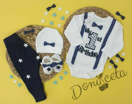 Бебешки комплект от 4 части - боди с дълъг ръкав, дълги панталонки, шапка и буйки в бяло и тъмносиньо 1