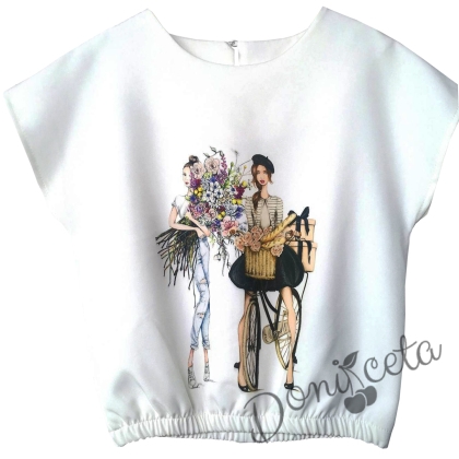 Официална детска блузка с къс ръкав в бяло с момичета, колело и цветя 1