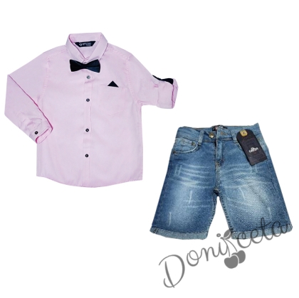 Комплект от риза в розово с папийонка и джобче с кърпичка и къси дънки в светлосиньо 1