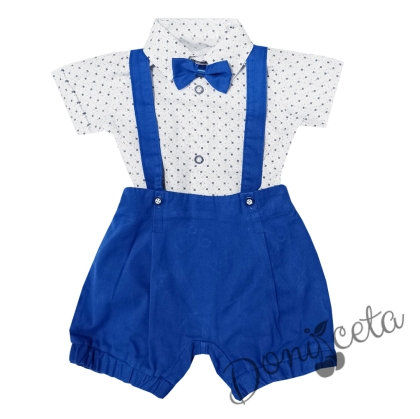 Бебешки комплект от боди-риза в бяло с орнаменти, гащеризон и папийонка в синьо 1