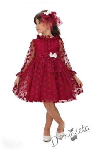 Официална детска рокля на точки в бордо с тюл, дълъг ръкав, коланче и панделка за коса 1