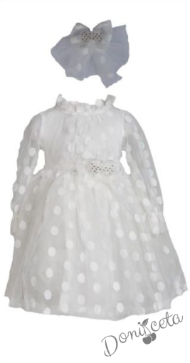 Официална детска рокля на точки в бяло с тюл, дълъг ръкав, коланче и панделка за коса 1