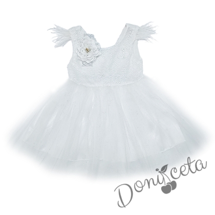 Детска официална рокля Даймънд в бяло с пайети и тюл и щипка за коса цвете 3569632 1
