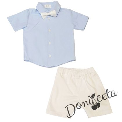 Детски комплект от риза в светлосиньо и къси панталонки и папийонка в бяло  1