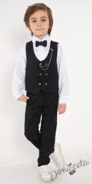 Официален костюм за момче от 4 части елек , риза в бяло, панталон и папийонка в черно и брожка-верижка 1