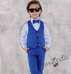 Официален костюм за момче от 4 части елек , риза в бяло, панталон и папийонка в синьо 1