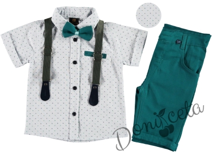 Детски комплект от панталон в зелено, риза в бяло с орнаменти, тиранти и папийонка в зелено 35122689 1