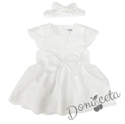 Официална детска рокля с дантела в бяло и лента за глава 1