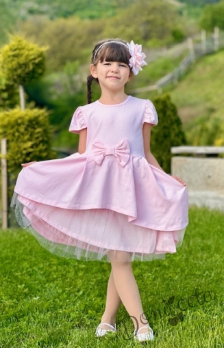 Официална или ежедневна детска рокля Надежда в розово с къс ръкав панделка и тюл 435465