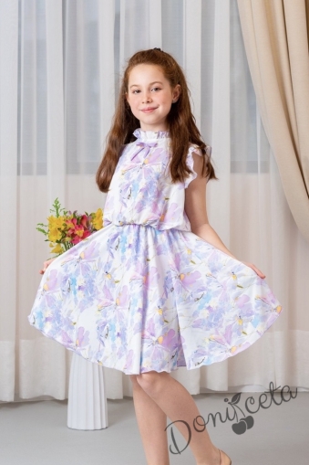 Официална/ежедневна детска рокля с къс къдрав ръкав в бяло на лилави цветя Contrast 1
