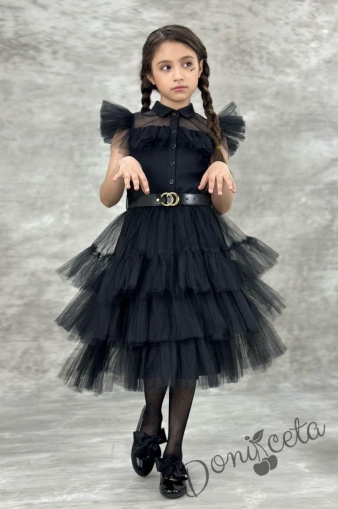 Официална детска рокля в черно с тюл на пластове, къс ръкав тип крилце и черен колан 1
