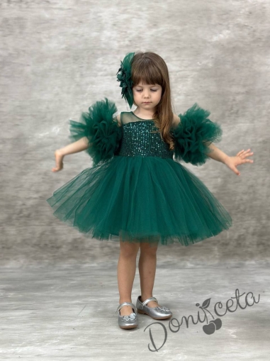 Официална детска рокля с тюл и помпони в тъмнозелено с пайети Грейс 1