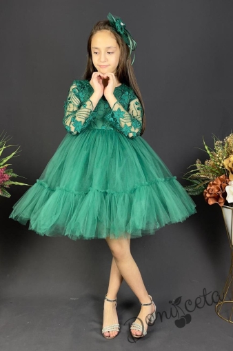 Официална детска рокля с дълъг ръкав Амира - от дантела с цветя и тюл пола с харбала и фиба за коса в тъмнозелено 1