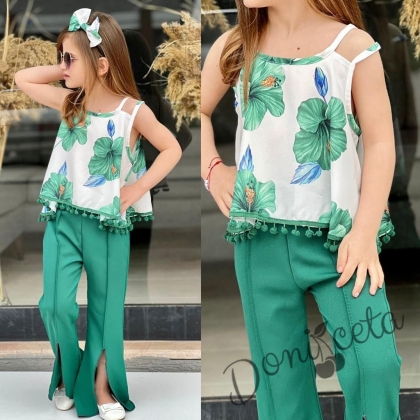 Детски комплект за момиче с дълъг панталон тип чарлстон в зелено и блуза без ръкав в бяло с ресни и цветя в зелено 1