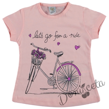 Детска тениска за момиче с къс ръкав в розово с колело и надпис 1