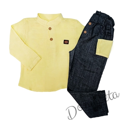 Комплект за момче от блуза с дълъг ръкав с емблема в жълто и сив панталон 1
