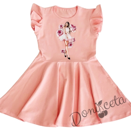Ежедневна детска рокля с къс ръкав с къдрици и момиче с цветя в прасковено Клоуи 1
