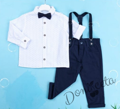 Детски комплект с тиранти, панталон и папийонка в тъмносиньо и риза в бяло с орнаменти 1