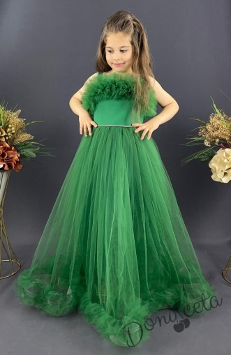 Официална детска дълга рокля Аделина в зелено с тюл без ръкав и харбала в долната част 1