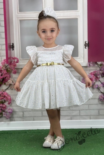 Официална детска рокля от тюл с къс ръкав буфан на бляскави точки със златисто коланче Ирина 1
