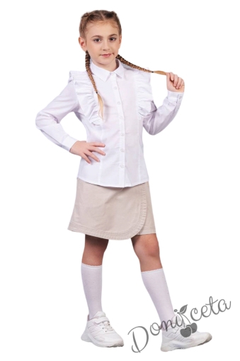 Детска риза за момиче с дълъг ръкав в бяло с къдрици 1