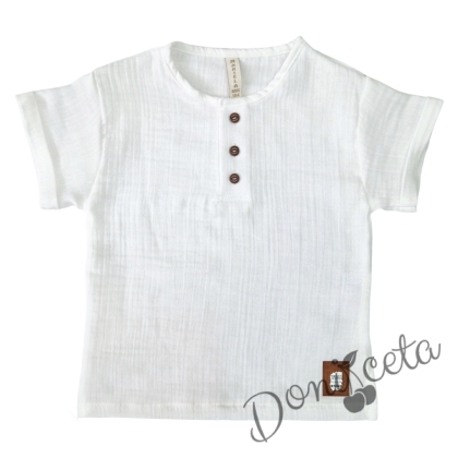 Детска блуза за момче от муселин в екрю с къс ръкав с кафяв кожен елемент 1