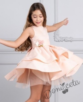 Официална детска рокля впрасковено от богат тюл и сатен без ръкав с пола на пластове, сатенен широк колан Ориана 1